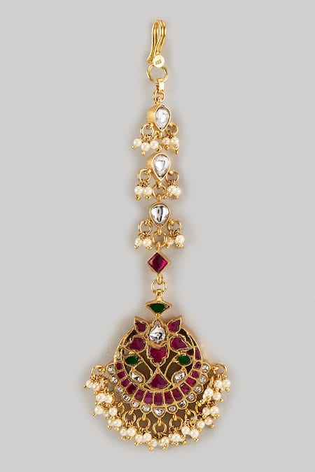 Shop Karisa Designs Red Stone Embellished Maangtikka at Aza Fashions Shop_Karisa Designs_Red Stone Embellished Maangtikka _at_Aza_Fashions