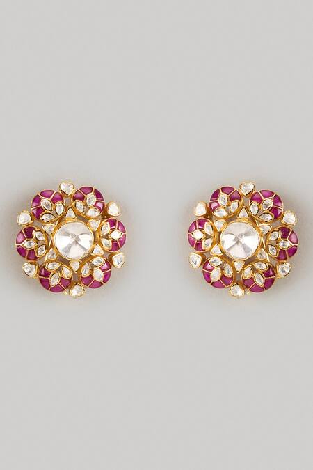 Shop Karisa Designs Red Stones Moissanite Polki Embellished Stud Earrings at Aza Fashions Shop_Karisa Designs_Red Stones Moissanite Polki Embellished Stud Earrings _at_Aza_Fashions