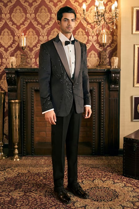 Tajiri_Black Velvet, Satin, Rayon Cut Kingsman Cutdana Embroidered Balzer With Pant _Online_at_Aza_Fashions