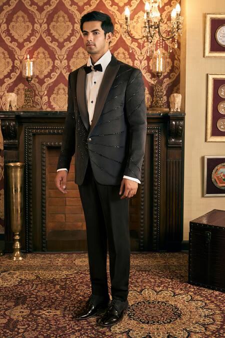 Buy_Tajiri_Black Velvet, Satin, Rayon Cut Kingsman Cutdana Embroidered Balzer With Pant _Online_at_Aza_Fashions