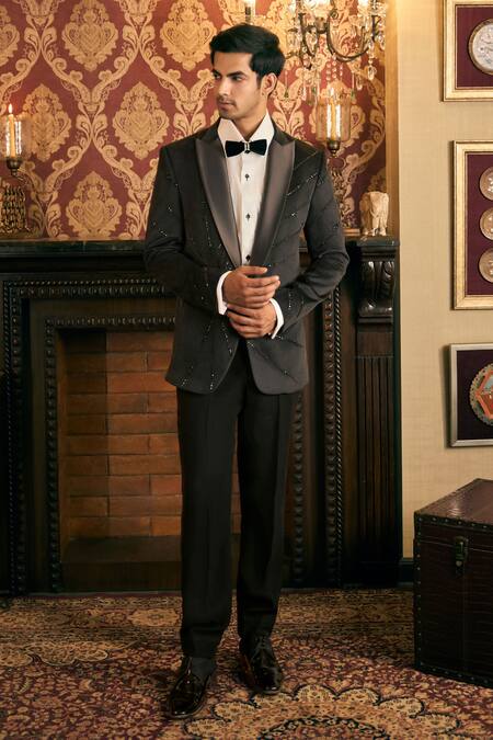 Shop_Tajiri_Black Velvet, Satin, Rayon Cut Kingsman Cutdana Embroidered Balzer With Pant _Online_at_Aza_Fashions