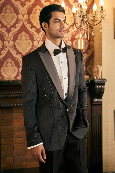 Buy_Tajiri_Black Velvet, Satin, Rayon Cut Kingsman Cutdana Embroidered Balzer With Pant 