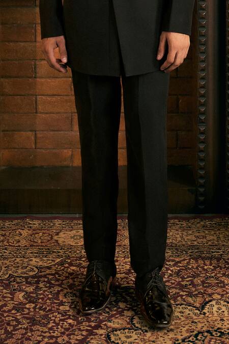 Tajiri Black Terrycloth, Satin, Rayon Embroidery Noirash Bandhgala With Pant Online at Aza Fashions Tajiri_Black Terrycloth, Satin, Rayon Embroidery Noirash Bandhgala With Pant _Online_at_Aza_Fashions