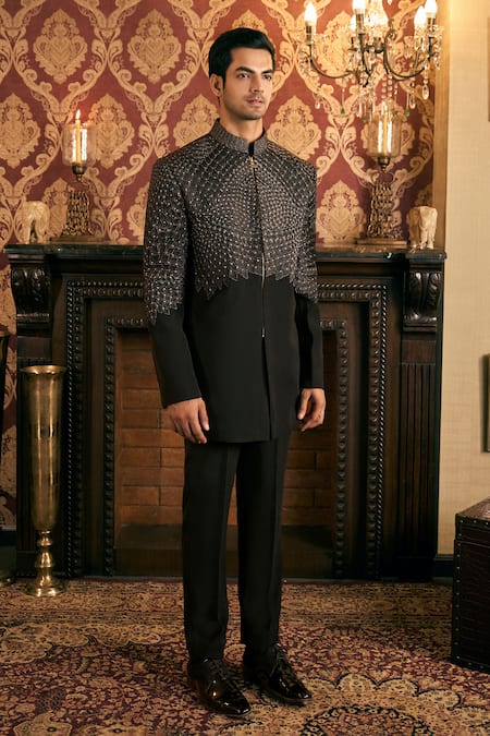 Buy Tajiri Black Terrycloth, Satin, Rayon Embroidery Noirash Bandhgala With Pant Online at Aza Fashions Buy_Tajiri_Black Terrycloth, Satin, Rayon Embroidery Noirash Bandhgala With Pant _Online_at_Aza_Fashions