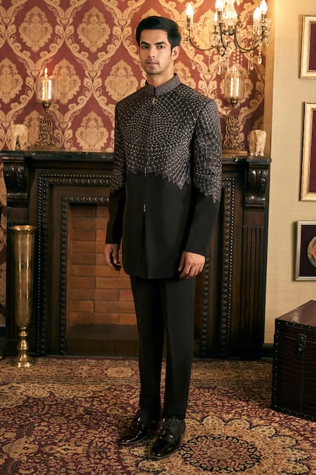 Shop Tajiri Black Terrycloth, Satin, Rayon Embroidery Noirash Bandhgala With Pant Online at Aza Fashions Shop_Tajiri_Black Terrycloth, Satin, Rayon Embroidery Noirash Bandhgala With Pant _Online_at_Aza_Fashions