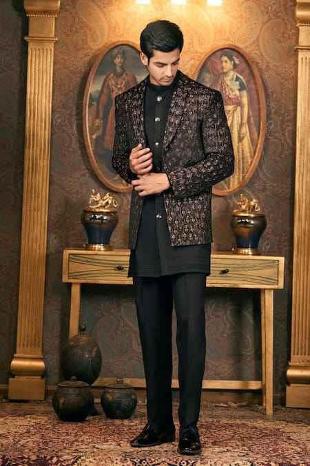 Buy_Tajiri_Black Velvet, , Satin, Nocturne Floral Woven Blazer And Kurta Set _Online_at_Aza_Fashions