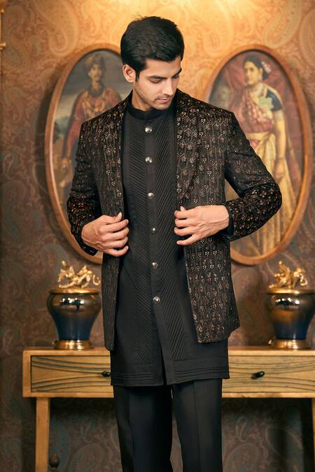 Shop_Tajiri_Black Velvet, , Satin, Nocturne Floral Woven Blazer And Kurta Set _Online_at_Aza_Fashions