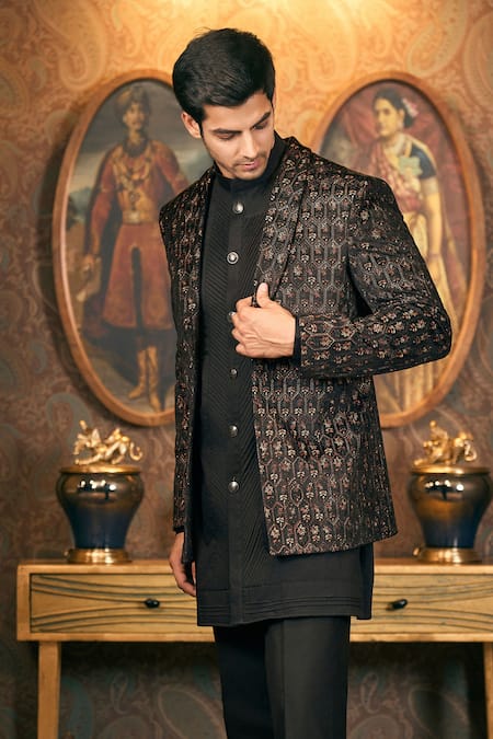 Tajiri_Black Velvet, , Satin, Nocturne Floral Woven Blazer And Kurta Set _at_Aza_Fashions