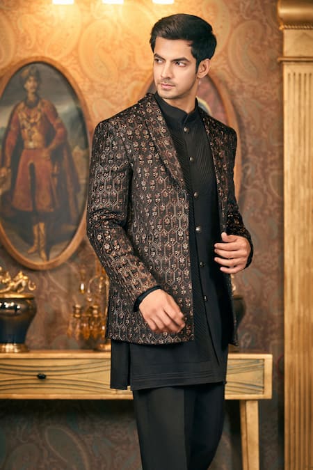 Buy_Tajiri_Black Velvet, , Satin, Nocturne Floral Woven Blazer And Kurta Set 