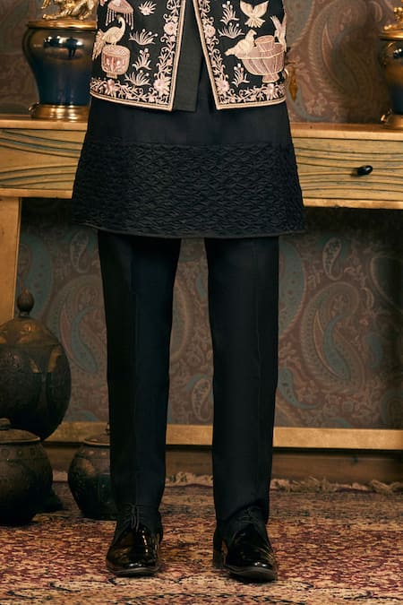 Tajiri_Black Cotton, Silk Embroidery Floral And Fauna Bundi Set _Online_at_Aza_Fashions