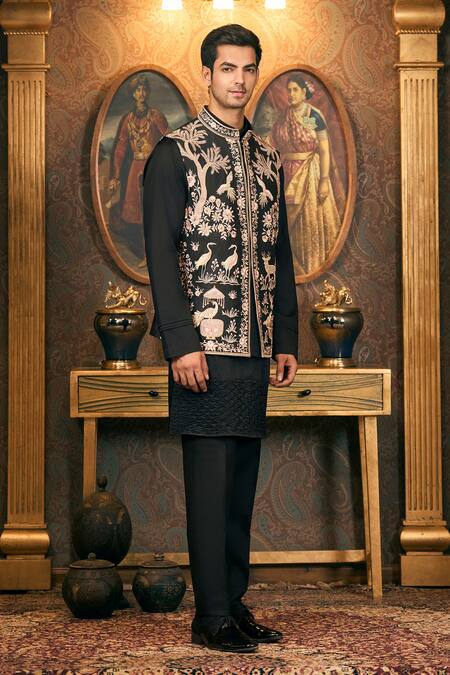 Buy_Tajiri_Black Cotton, Silk Embroidery Floral And Fauna Bundi Set _Online_at_Aza_Fashions
