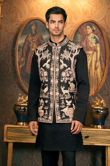 Shop_Tajiri_Black Cotton, Silk Embroidery Floral And Fauna Bundi Set _Online_at_Aza_Fashions