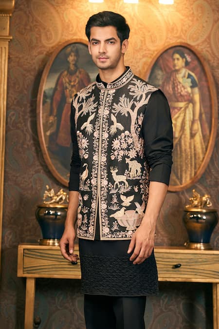 Tajiri_Black Cotton, Silk Embroidery Floral And Fauna Bundi Set _at_Aza_Fashions