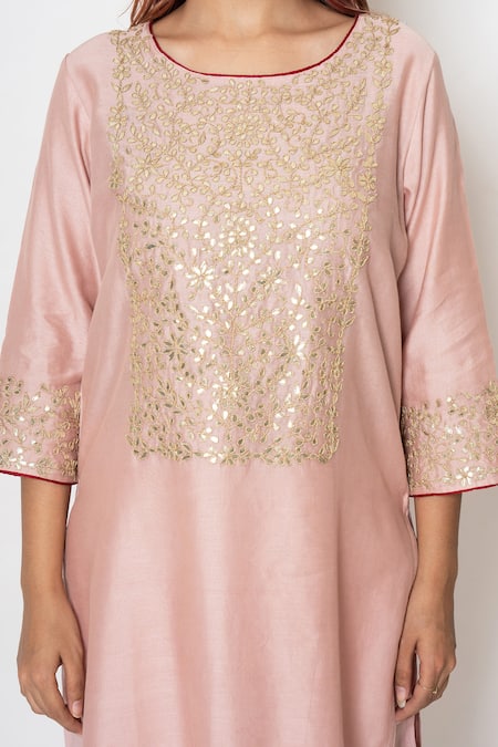 Buy Kameez Pink Cotton, Chanderi, Kota Doria Patti, Fleur Bloom Kurta Pant Set Buy_Kameez_Pink Cotton, Chanderi, Kota Doria Patti, Fleur Bloom Kurta Pant Set