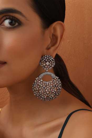 Swabhimann_Silver Plated Zari Zirconia Floral Dangler Earrings _Online_at_Aza_Fashions