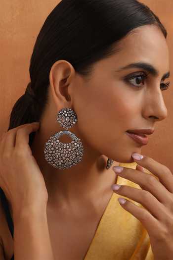 Shop_Swabhimann_Silver Plated Zari Zirconia Floral Dangler Earrings _Online_at_Aza_Fashions
