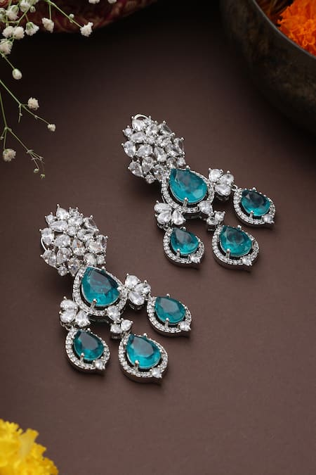 Shop Swabhimann Green Zari, Stones Floral Drop Earrings at Aza Fashions Shop_Swabhimann_Green Zari, Stones Floral Drop Earrings _at_Aza_Fashions