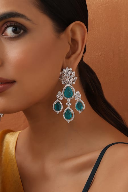 Swabhimann Green Zari, Stones Floral Drop Earrings Online at Aza Fashions Swabhimann_Green Zari, Stones Floral Drop Earrings _Online_at_Aza_Fashions