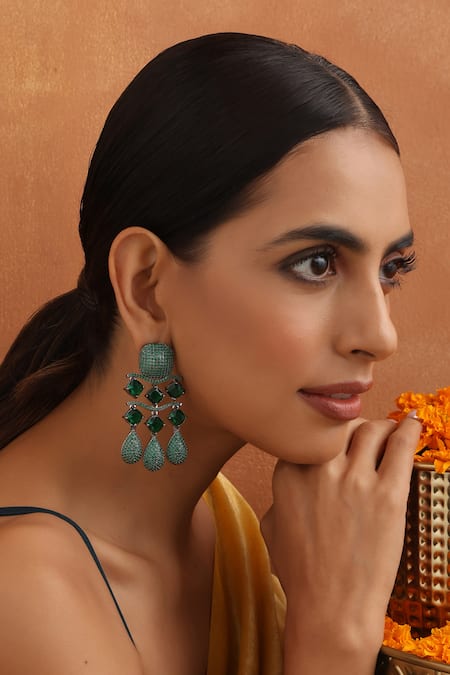 SWABHIMANN Zirconia Embellished Drop Earrings 