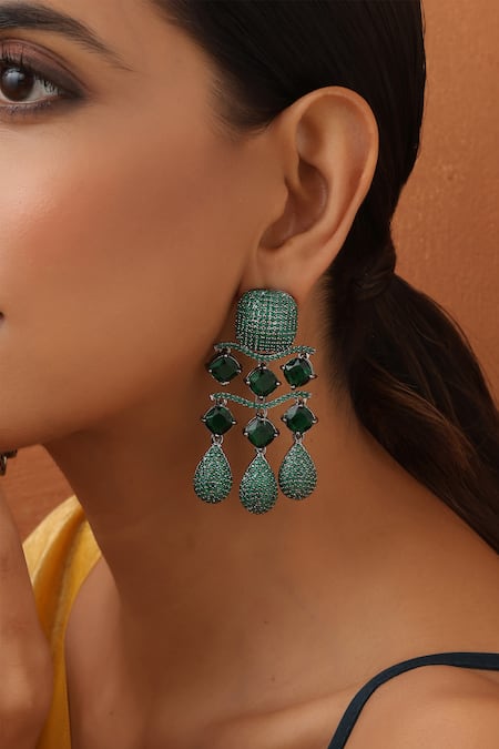 Swabhimann_Green Zari, Stones Zirconia Embellished Drop Earrings _Online_at_Aza_Fashions