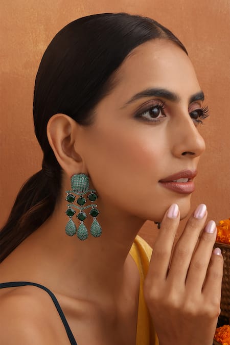 Shop_Swabhimann_Green Zari, Stones Zirconia Embellished Drop Earrings _Online_at_Aza_Fashions