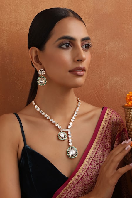 SWABHIMANN Floral Polki High-Low Necklace Set 