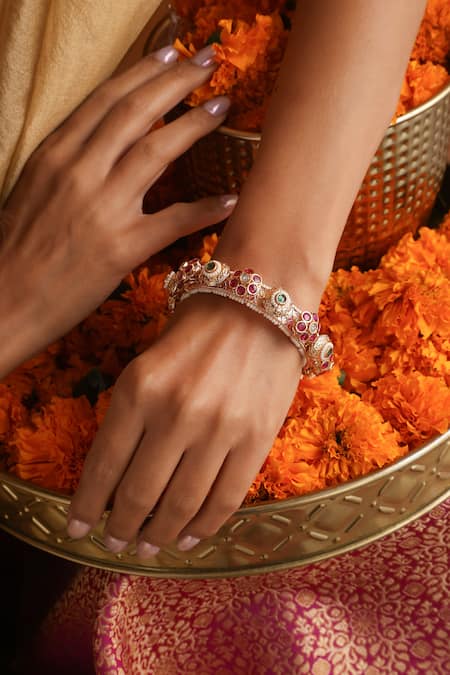 Buy_Swabhimann_Multi Color Pearls, Stones Embellished Jadau Kada_Online_at_Aza_Fashions