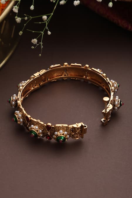 Swabhimann_Multi Color Pearls, Stones Embellished Jadau Kada_at_Aza_Fashions