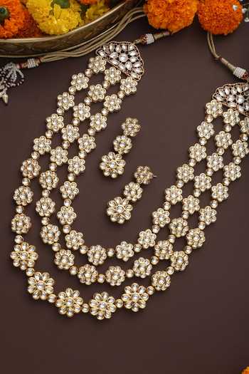Swabhimann Gold Plated Stones Floret Carved Layered Necklace Set Online at Aza Fashions Swabhimann_Gold Plated Stones Floret Carved Layered Necklace Set _Online_at_Aza_Fashions
