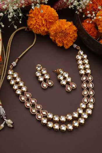 Swabhimann Gold Plated Crystals, Stones Tear Drop Carved Necklace Set Online at Aza Fashions Swabhimann_Gold Plated Crystals, Stones Tear Drop Carved Necklace Set _Online_at_Aza_Fashions