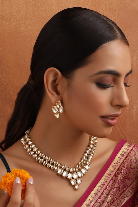 Shop_Swabhimann_Gold Plated Diamonds, Stones Geometric Motif Carved Necklace Set _Online_at_Aza_Fashions