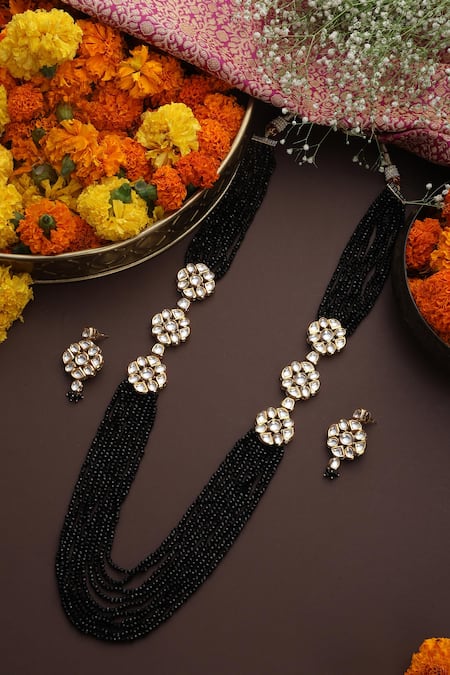 Shop_Swabhimann_Black Beads, Diamonds Beaded Layered Necklace Set _at_Aza_Fashions