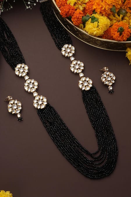 Swabhimann_Black Beads, Diamonds Beaded Layered Necklace Set _Online_at_Aza_Fashions