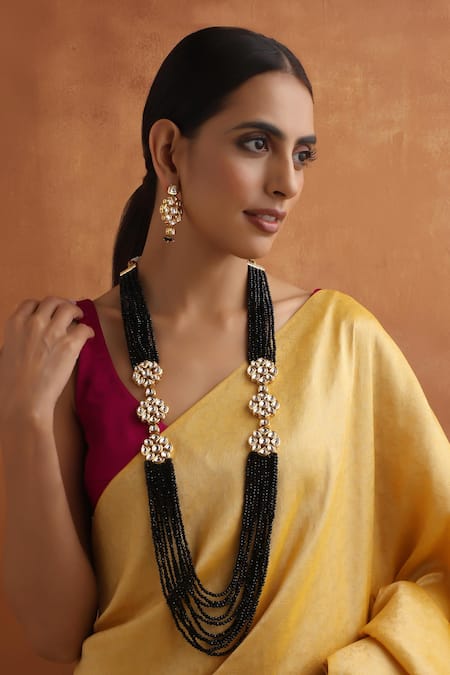 Shop_Swabhimann_Black Beads, Diamonds Beaded Layered Necklace Set _Online_at_Aza_Fashions