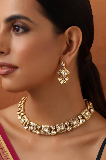 Swabhimann_Gold Plated Gota Patti Square Motif Carved Necklace Set _Online_at_Aza_Fashions