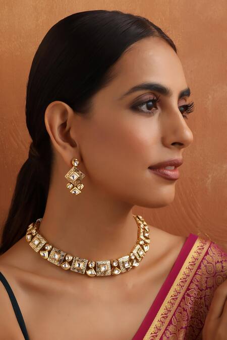 Shop_Swabhimann_Gold Plated Gota Patti Square Motif Carved Necklace Set _Online_at_Aza_Fashions