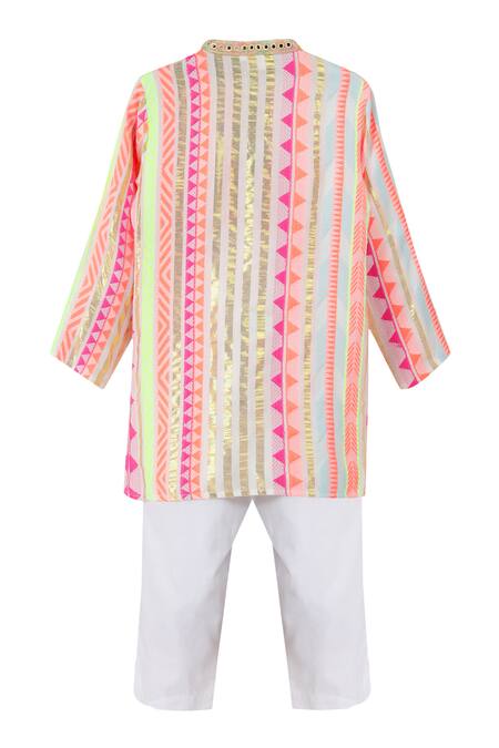 Shop Minime Organics Off White Viscose, Lurex Embroidery Geometric Woven Kurta With Pyjama at Aza Fashions Shop_Minime Organics_Off White Viscose, Lurex Embroidery Geometric Woven Kurta With Pyjama _at_Aza_Fashions