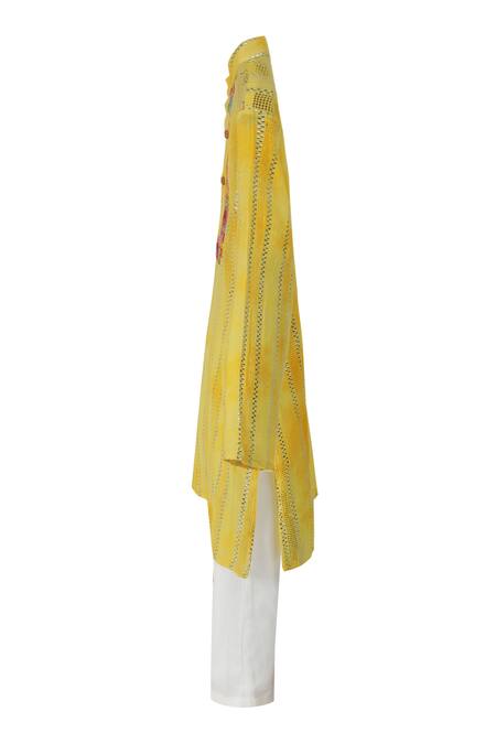 Minime Organics Yellow Lurex, Cotton Lace Embellished Kurta Pyjama Set Online at Aza Fashions Minime Organics_Yellow Lurex, Cotton Lace Embellished Kurta Pyjama Set _Online_at_Aza_Fashions