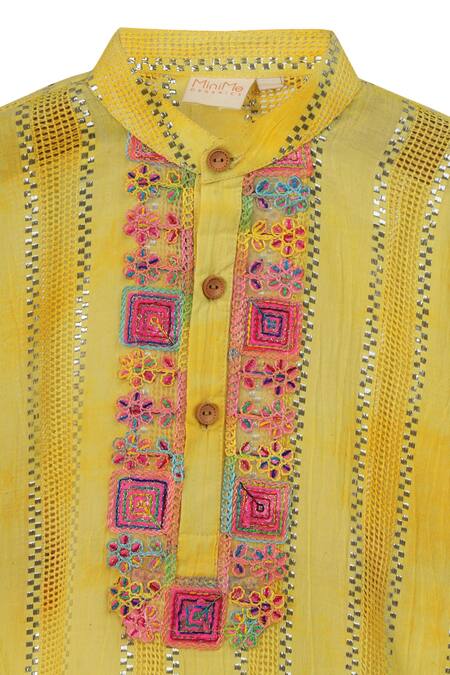 Buy Minime Organics Yellow Lurex, Cotton Lace Embellished Kurta Pyjama Set Online at Aza Fashions Buy_Minime Organics_Yellow Lurex, Cotton Lace Embellished Kurta Pyjama Set _Online_at_Aza_Fashions