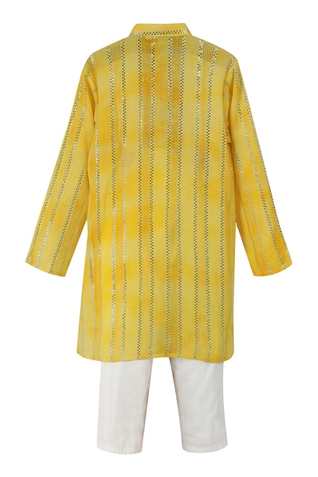Shop Minime Organics Yellow Lurex, Cotton Lace Embellished Kurta Pyjama Set at Aza Fashions Shop_Minime Organics_Yellow Lurex, Cotton Lace Embellished Kurta Pyjama Set _at_Aza_Fashions