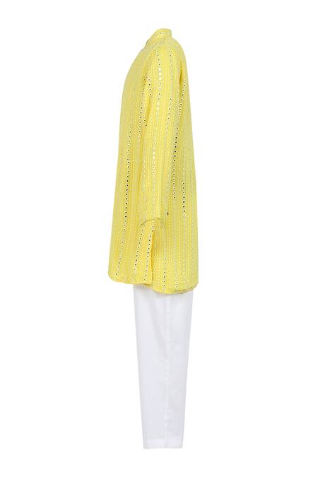 Minime Organics_Yellow Georgette, Cotton Mirror Stripe Embellished Kurta With Pyjama _Online_at_Aza_Fashions