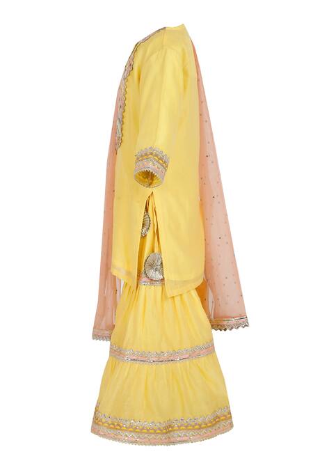 Minime Organics_Yellow Chanderi Silk, Cotton, Chiffon Lace, Embellished Kurta Sharara Set _Online_at_Aza_Fashions