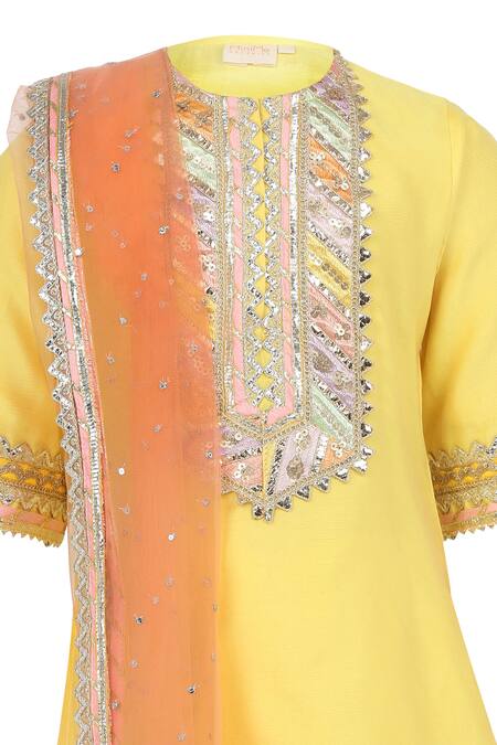 Buy_Minime Organics_Yellow Chanderi Silk, Cotton, Chiffon Lace, Embellished Kurta Sharara Set _Online_at_Aza_Fashions