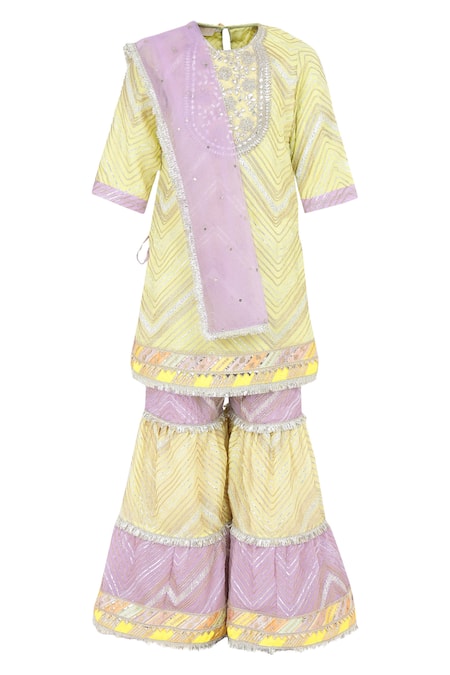 MINIME ORGANICS Chevron Lace Embellished Kurta Sharara Set 