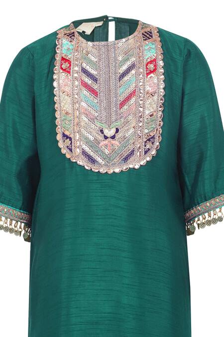 Shop_Minime Organics_Green Cotton, Silk Tassels Lace Embellished Kurta With Dhoti Pant _Online_at_Aza_Fashions