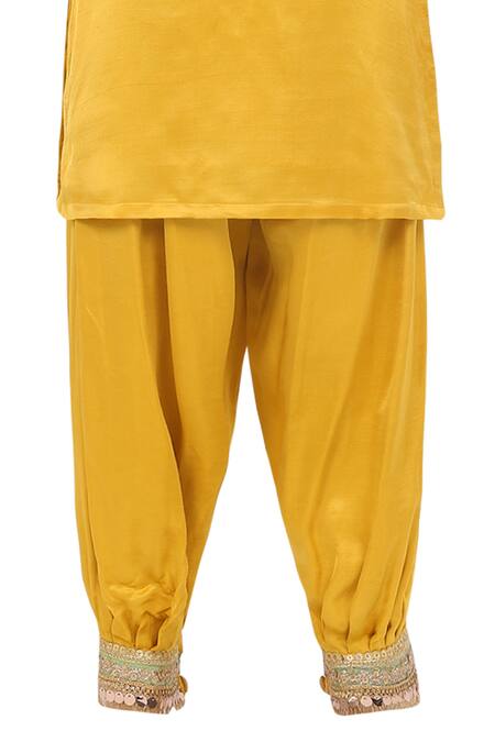 Minime Organics_Yellow Cotton, Silk Lace Embellished Kurta With Salwar _Online_at_Aza_Fashions