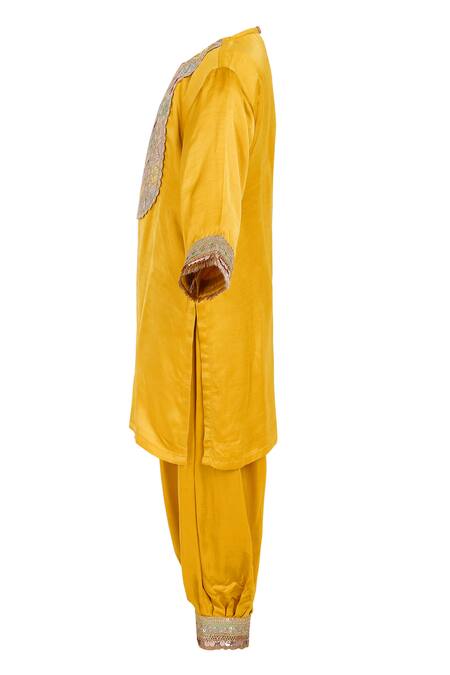 Buy_Minime Organics_Yellow Cotton, Silk Lace Embellished Kurta With Salwar _Online_at_Aza_Fashions