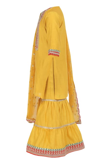 Minime Organics_Yellow Chanderi Silk, Cotton Lace, Sequins Embellished Kurta Sharara Set _Online_at_Aza_Fashions