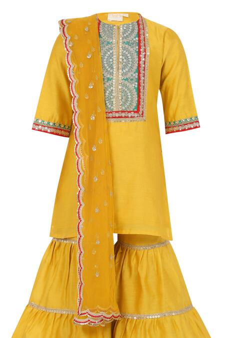 Buy_Minime Organics_Yellow Chanderi Silk, Cotton Lace, Sequins Embellished Kurta Sharara Set _Online_at_Aza_Fashions