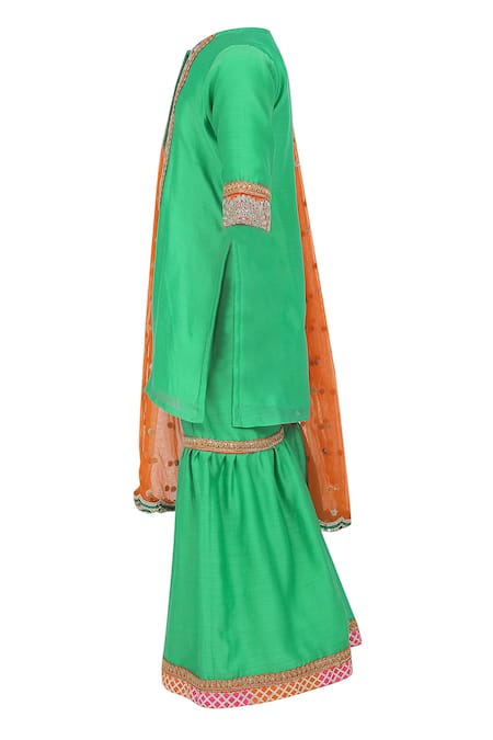 Minime Organics_Green Chanderi Silk, Cotton Lace, Sequins Embroidered Kurta Sharara Set _Online_at_Aza_Fashions